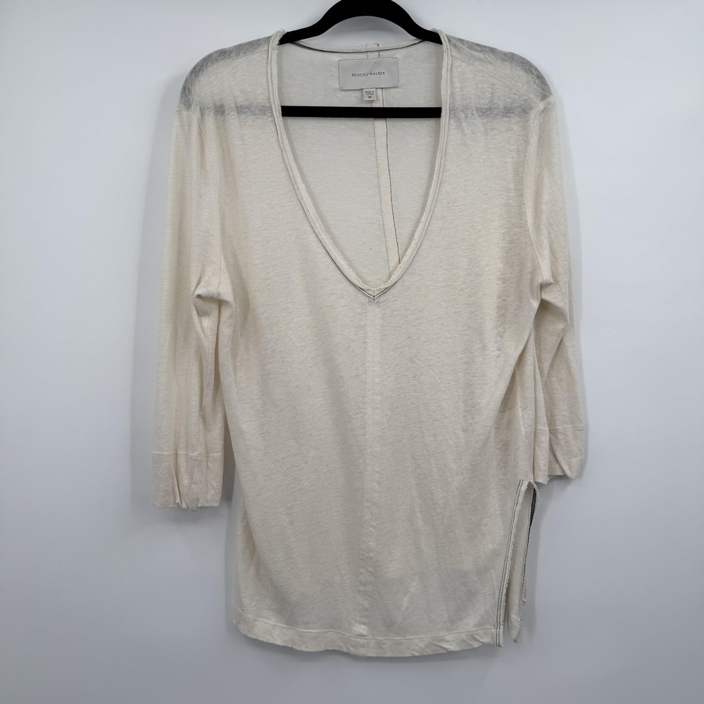 Brochu Walker Sweater Womens Medium Cream Linen V Neck Tunic Lightweight Zip Hem